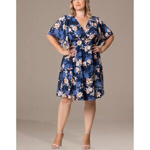 Kiyonna Florence Flutter Sleeve Dress Blue Blossom Bliss V-Neck Women Sz 3X NEW